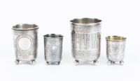 Four 19th Century 84 Silver Footed Kiddush Cups all with Fine Engravings one Especially Unique