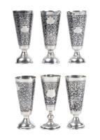 Six Russian Trumpet Shaped Kiddush Cups in 84 Silver Having Superb Craftsmanship: A Matching Trio, a Matching Pair and a Single