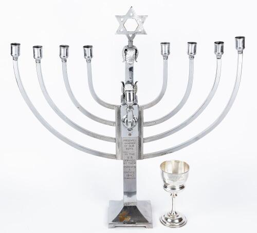 Inscribed Wartime Menorah Presented to Jewish U.S. Service Members, 1943 + Sterling Silver Kiddush Cup WWII Memorial to Fallen S