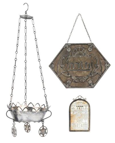 Three Judaica Wall-Hung Silver Objects &acirc;&euro;&rdquo; Memorial Lamp & Two Mizrach Plaques