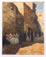 Oil Painting of Jewish Figures at the Western Wall, Unidentified Artist