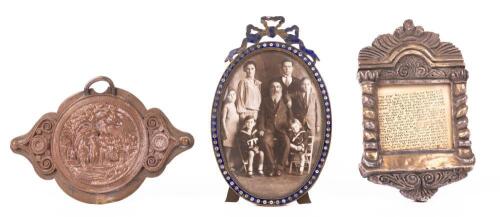 Three Piece Judaica Group &acirc;&euro;&ldquo; Framed Family Photograph, Mezuzah & Bezalel-Style Relief