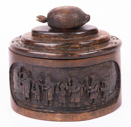 Carved Walnut Etrog Box with Hebrew Inscription and Interior Lining (20th Century)