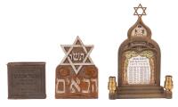 Three Judaica Objects: Tzedakah Box, Carved Hebrew Plaque & Memorial Yahrzeit Lamp, Early&acirc;&euro;&ldquo;Mid 20th Century