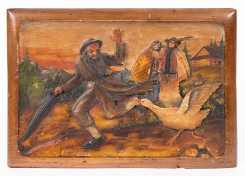 Wooden Relief Plaque, &acirc;&euro;&oelig;Jew Chased by Duck&acirc;&euro;, Europe, Late 19th&acirc;&euro;&ldquo;Early 20th Century