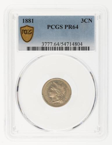 1881 Nickel Three Cents. PCGS graded Proof 64