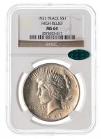 1921 Peace Dollar. NGC graded MS64 High Relief. CAC