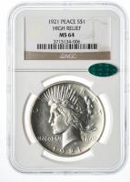 1921. Peace Dollar. NGC graded MS64 High Relief. CAC