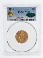 1874 $3 Gold. PCGS graded AU55. CAC