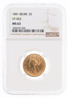 1881. 88/88 $5 Liberty. NGC graded MS63 VP-002