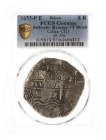 Bolivia. 8 Reales, 1653-P E. PCGS graded Genuine, VF Detail (Saltwater Damage)