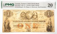 1849 $1 Canada, Farmer's Joint Stock Bank, Toronto, Upper Canada. PMG graded VF 20
