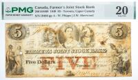 1849 $5 Canada, Farmer's Joint Stock Bank, Toronto, Upper Canada. PMG graded VF 20 Tape Repair, Stains, Pinholes