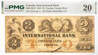 1858 $2 Canada International Bank, Toronto, Canada West. PMG graded VF 20 Tear