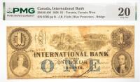 1858 $1 Canada International Bank, Toronto, Canada West. PMG graded VF 20 Rust, Stains