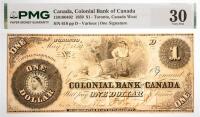 1859 $1 Canada, Colonial Bank Of Canada, Toronto, Canada West. PMG graded VF 30 Edge Slit, Pinholes