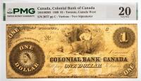 1859 $1 Canada, Colonial Bank Of Canada, Toronto, Canada West. PMG graded VF 20 Pinholes