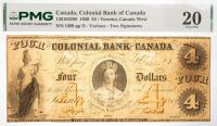 1859 $4 Canada, Colonial Bank Of Canada, Toronto, Canada West. PMG graded VF 20 Rust, Pinholes