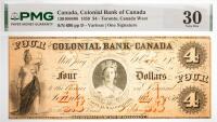 1859 $4 Canada, Colonial Bank Of Canada, Toronto, Canada West. PMG graded VF 30 Pinholes