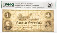 1859 $4 Canada, Bank Of Brantford, Brantford, Canada West. PMG graded VF 20 Previously Mounted