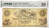 1859 $1 Canada Bank Of Brantford, Brantford, Canada West. PMG graded VF 20 Pinholes
