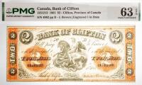 1861 $2 Canada, Bank Of Clifton, Clifton, Province Of Canada. PMG graded Choice Unc 63 EPQ