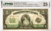 1917 $1 Dominion Of Canada Prefix F-J. PMG graded VF 25 Tear