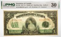 1917 $1 Dominion Of Canada Prefix A-F. PMG graded VF 30