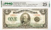 1923 $1 Dominion Of Canada, Series E-F. PMG graded VF 25 Repaired, Edge Damage