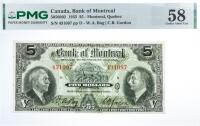 1935 $5 Canada, Bank Of Montreal, Montreal, Quebec. PMG graded Choice AU 58