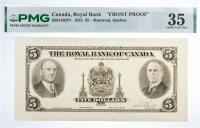 1935 $5 Canada, Royal Bank "Front Proof" Montreal, Quebec. PMG graded Choice VF 35