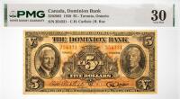 1938 $5 Dominion Bank Canada, Toronto, Ontario. PMG graded VF 30 Small Tear