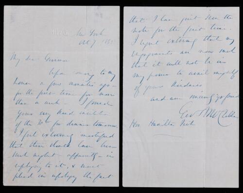 George McClellan: Commanding General of the United States Army. ALS to Governor Hamilton Fish of NY (Later Secretary of