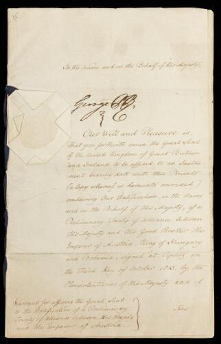 King George III Warrant to Affix Seal to the Ratification of a Preliminary Treaty with Emperor of Austria Signed Boldly