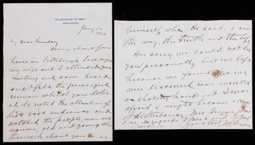 William Jennings Bryan: Autographed Letter Signed as Secretary of State to a Firebrand Preacher, Billy Sunday dated 1913