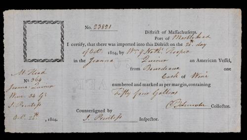 Benjamin Lincoln, Customs Certificate Dated 1804, 55 Gallon Cask of Wine, First Secretary of War, Near Pristine Conditio