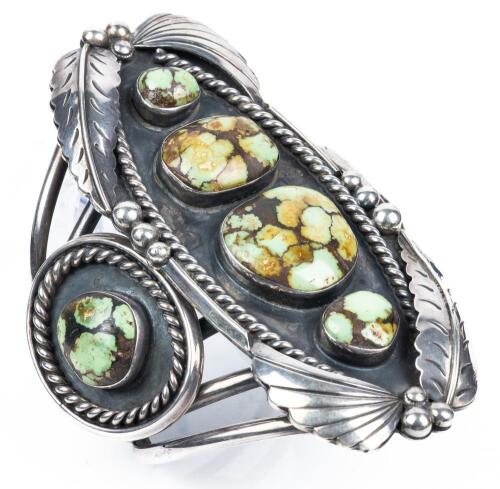 Spectacular Men's or Ladies Navajo Sterling Silver and Damele Turquoise Cuff Boasting Superior Indian Mountain Turquoise