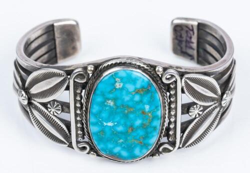 Superior Navajo Cuff by John Yazzie Centered with a Fine Oval of Blue Gem Turquoise