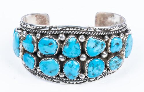 Lovely Ladies Navajo Bracelet Having Consistent Robin's Egg Blues Across 14 Pieces of Turquoise by Joe Tom