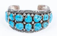 Lovely Ladies Navajo Bracelet Having Consistent Robin's Egg Blues Across 14 Pieces of Turquoise by Joe Tom