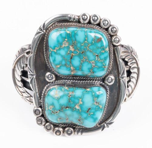 Two Spectacular, Highly Polished Nevada Turquoise are Enhanced by Extremely Appealing Silver Tooling