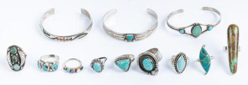 Collection of Navajo and Navajo Inspired Jewelry Nine (9) Rings and Three (3) Cuffs