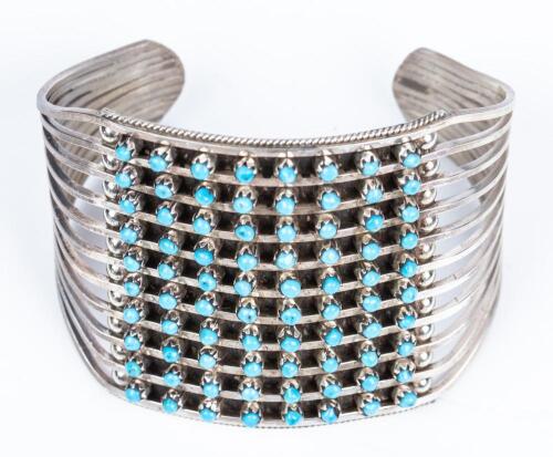 Striking and Contemporary Sterling Silver and Well Matched Sky Blue Turquoise in a Grid Pattern, 80 Stones Total