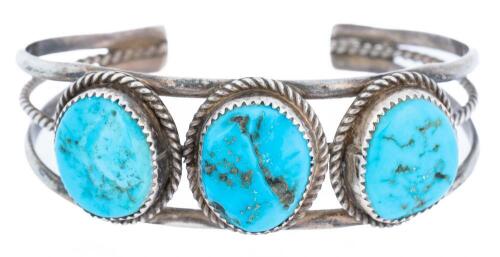 Ladies Lovely Navajo Bracelet Boasting Three Beautiful Sky Blue Turquoise