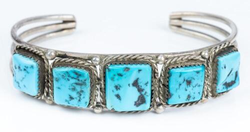 Appealing Petite Turquoise Bracelet with 5 Square Cut Nevada Turquoise