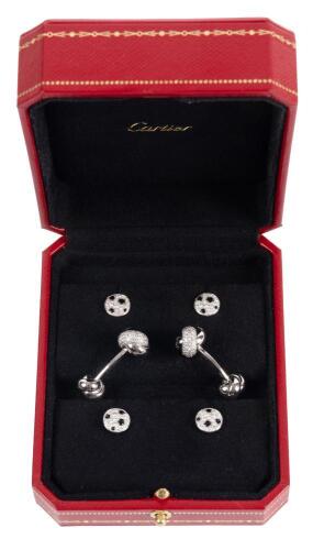 Gentleman's Cartier Trinity Cufflinks and Tuxedo Studs in 18K White Gold, Diamonds and Onyx. Rare, Full Set in Mint Cond