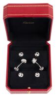 Gentleman's Cartier Trinity Cufflinks and Tuxedo Studs in 18K White Gold, Diamonds and Onyx. Rare, Full Set in Mint Cond