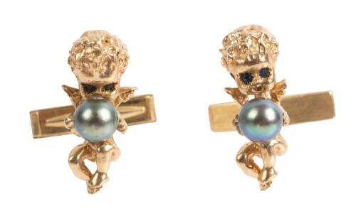 Men's or Ladies 14K Gold Cupid Cufflinks Each Holding a Black Pearl, Quite Special