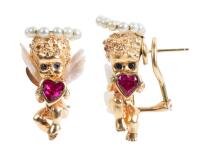 Winning Pair of 14K Yellow Gold Omega Clip Earrings of Putti Holding Pink Sapphire Hearts