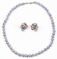 Ladies South Sea Silver Pearl Ensemble of a Necklace and Matching Earrings with 14K White Gold Foliate Accents.